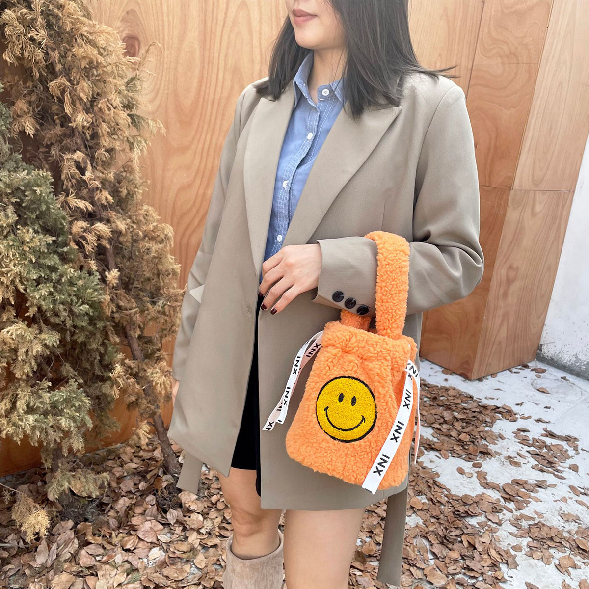 Plush Crossbody Bucket Bag