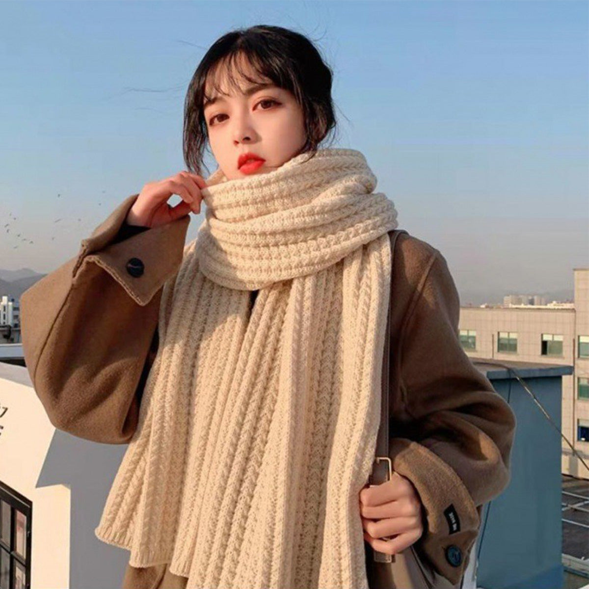 Red Scarf for Women Korean Style High-End Knitted Scarf