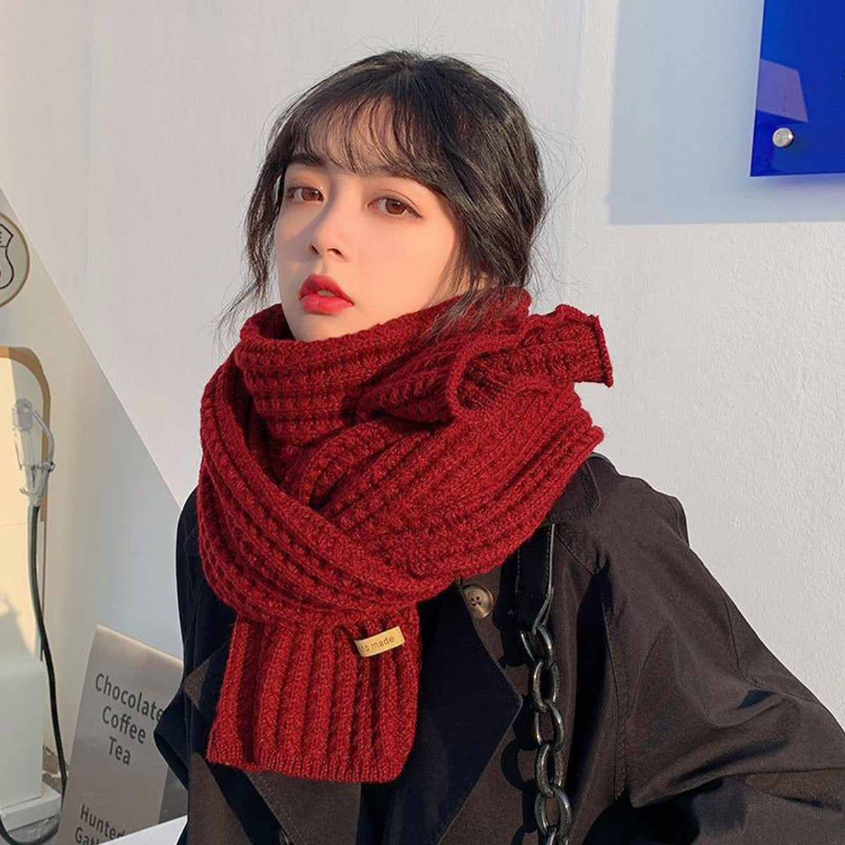 Red Scarf for Women Korean Style High-End Knitted Scarf