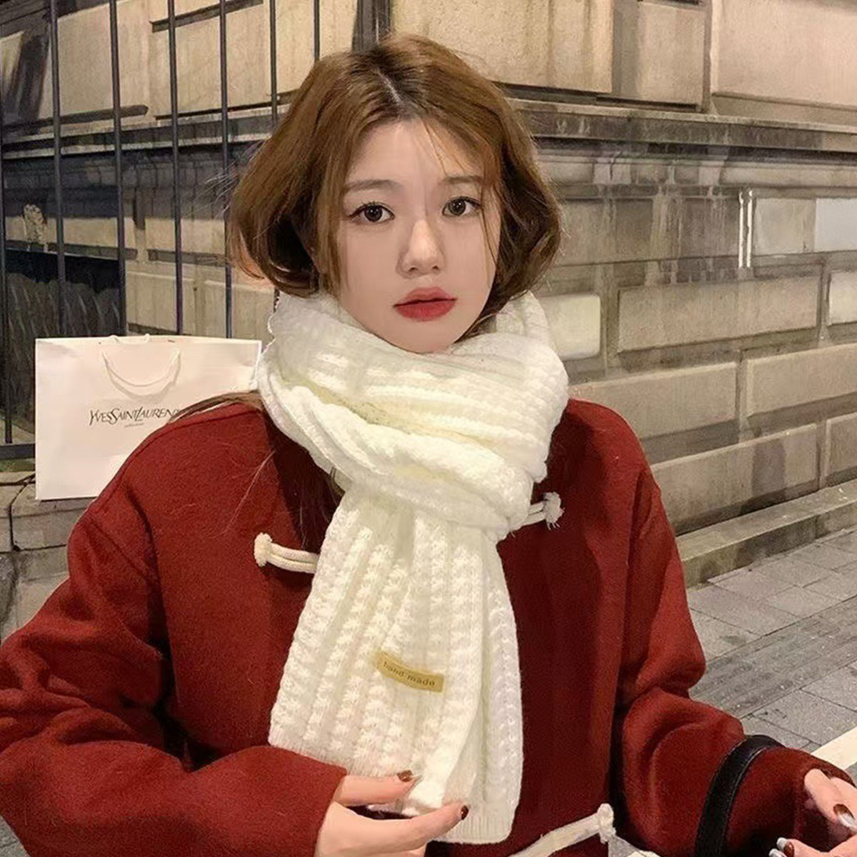 Red Scarf for Women Korean Style High-End Knitted Scarf