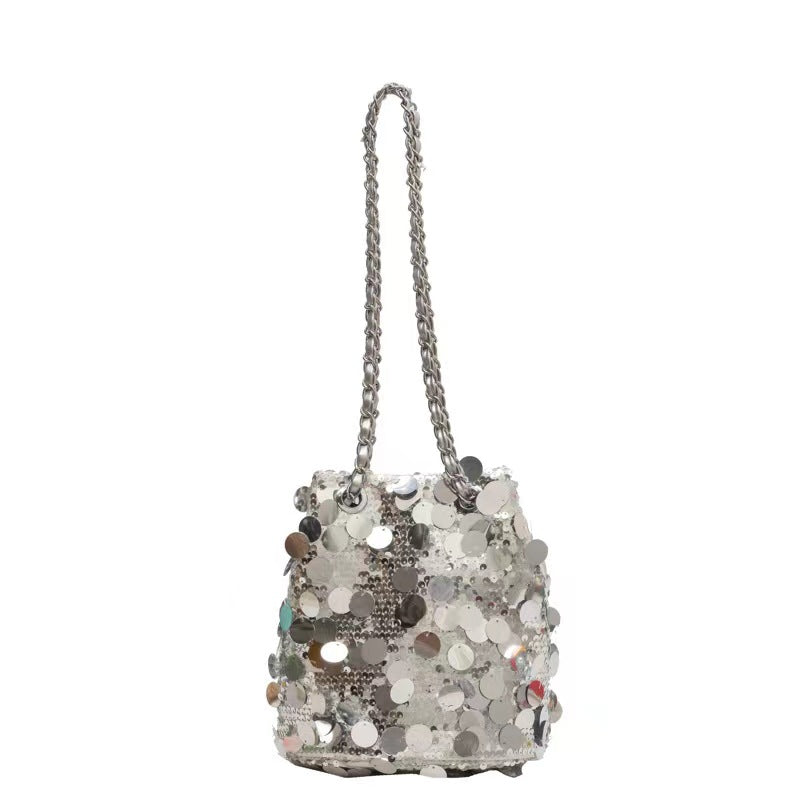 Sequin Bucket Bags Silver Color Chain Handbags Small Shoulder Bags for Lady