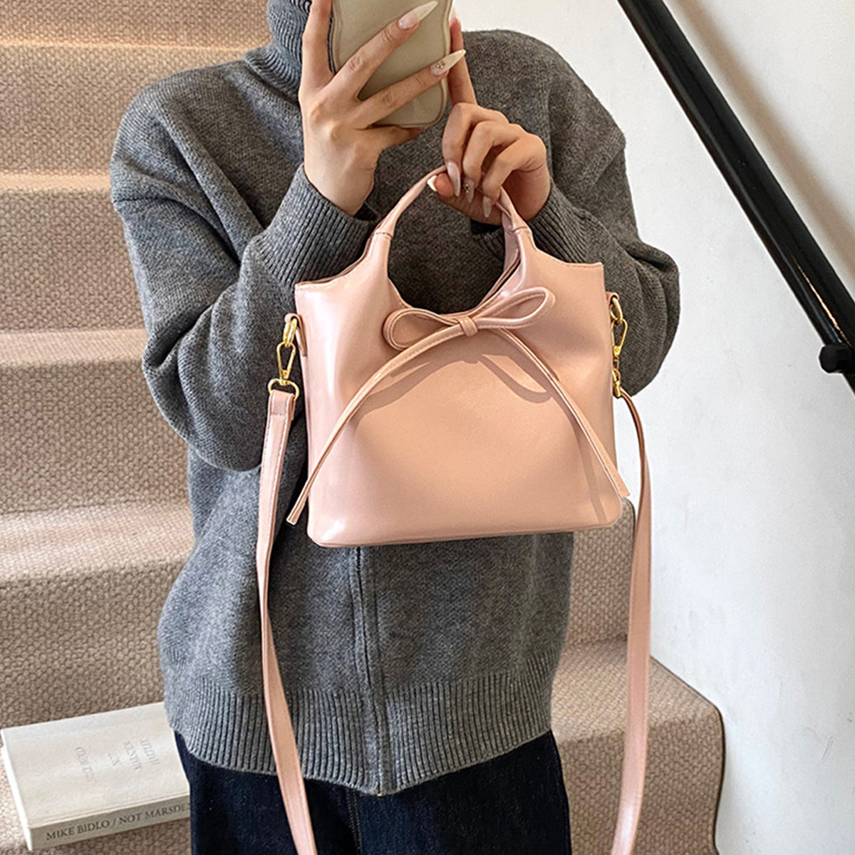 Ballet Style Handbag Bow Bucket Bag