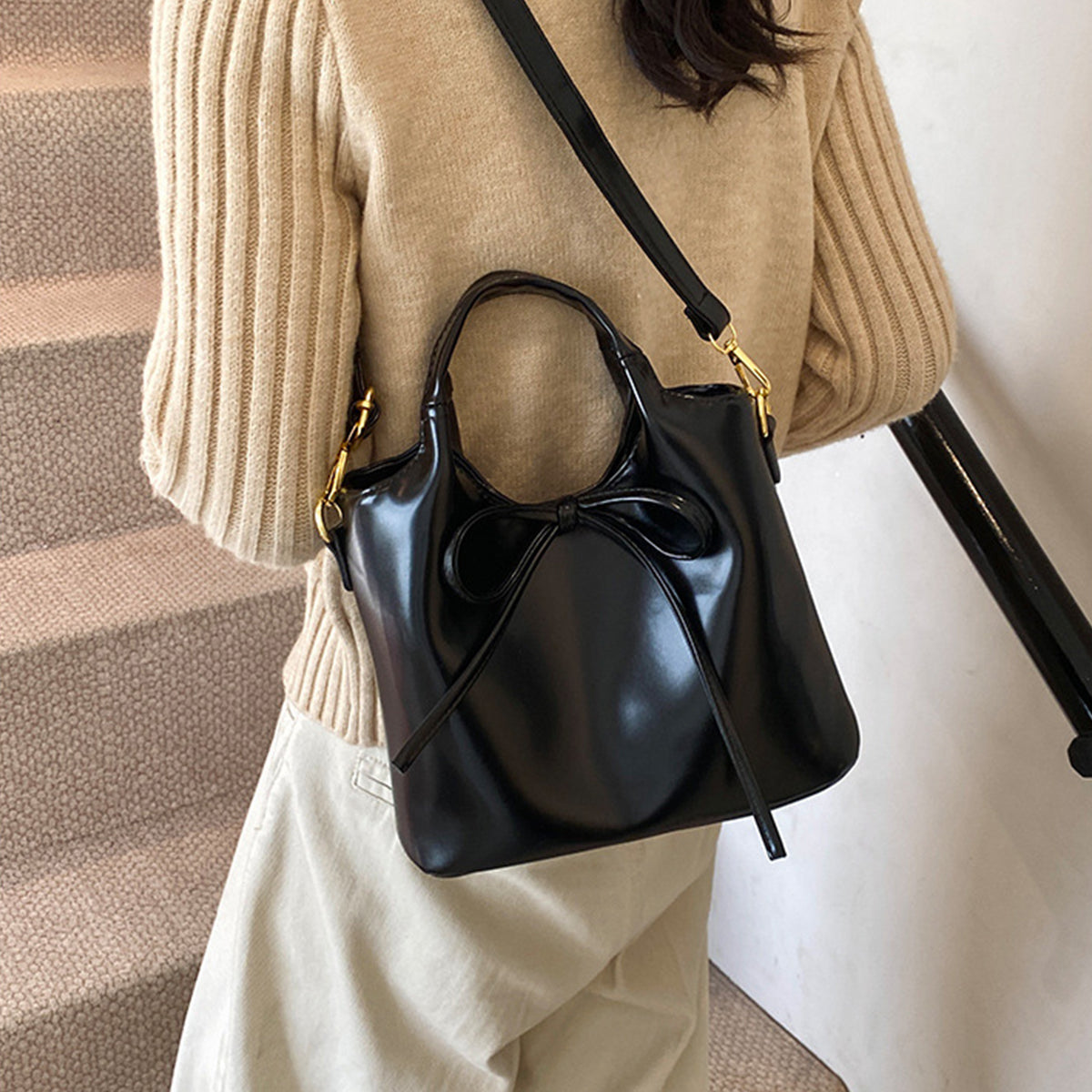 Ballet Style Handbag Bow Bucket Bag