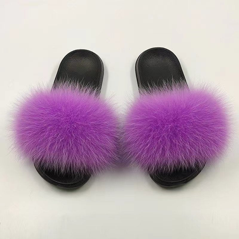 Women Real Fox Fur Slippers Women Flat Non-slip Fashion Fur Slides