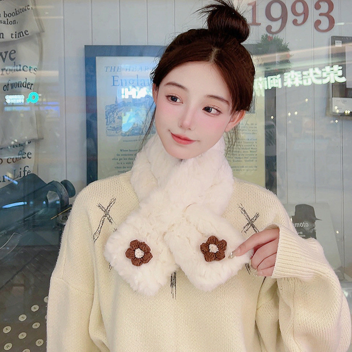 Autumn Winter Small Flower Scarf Casual Fashionable Plush Scarf