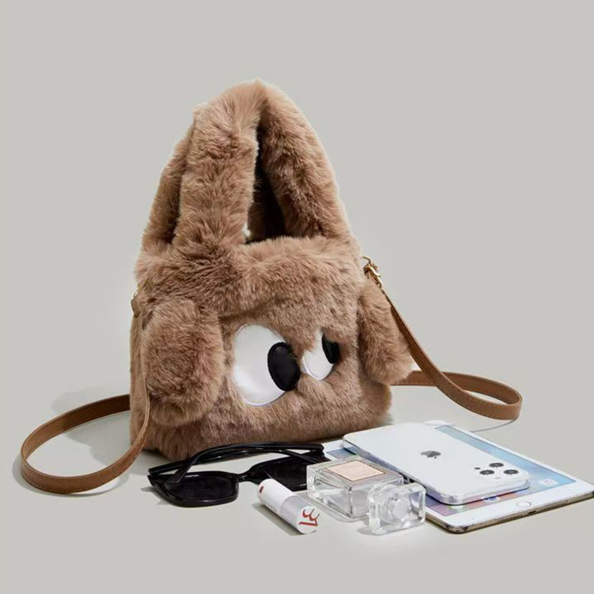 Women's Portable One-shoulder Tote Small Square Bag Big Eyes Cartoon Imitation Rabbit Plush Fashion Cute Crossbody Bag