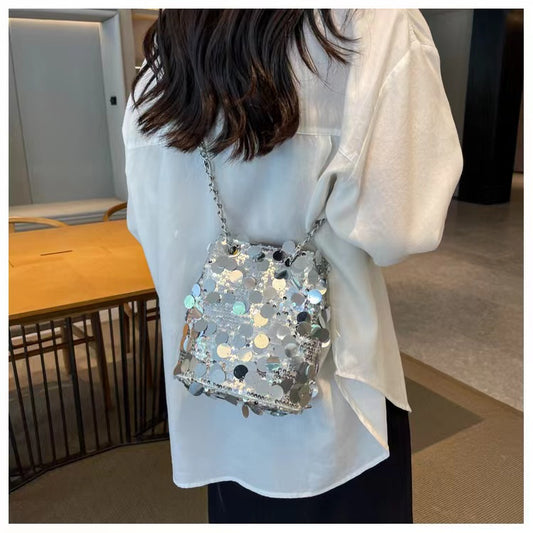 Sequin Bucket Bags Silver Color Chain Handbags Small Shoulder Bags for Lady