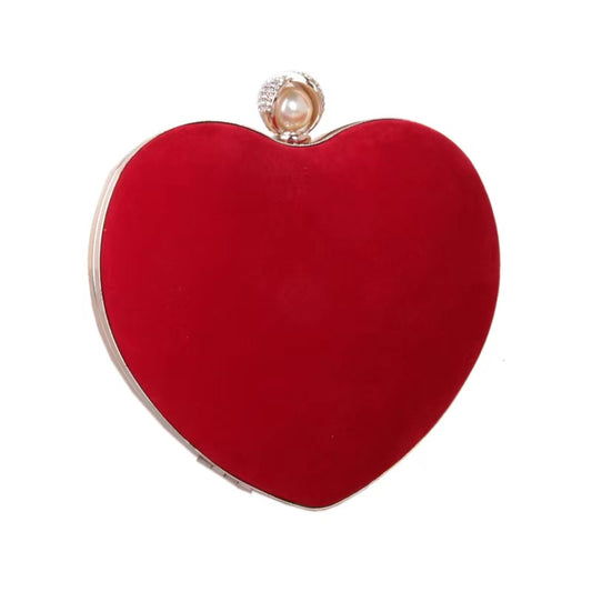 Velvet Heart-Shaped Pearl Inlaid Ladies Flannelette Hard Box Chain Dinner Bag