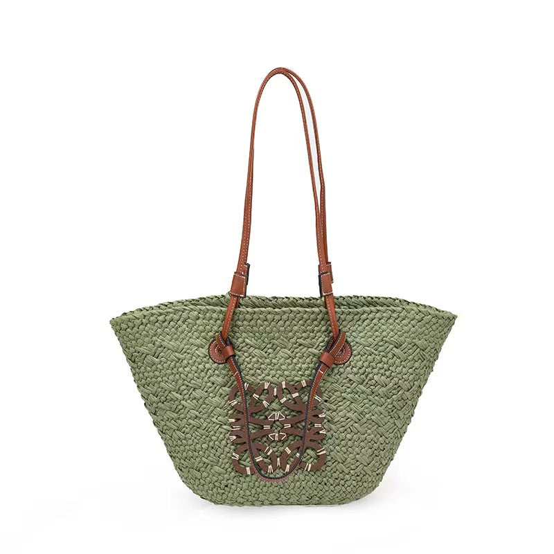 Women's Trendy Grass Woven Handbag Embroidered Vegetable Basket Woven Beach Bag