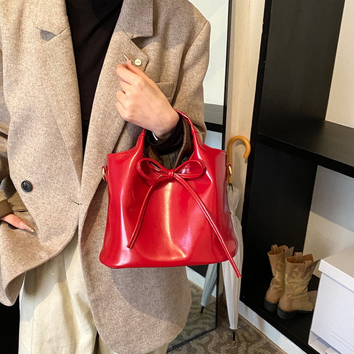 Ballet Style Handbag Bow Bucket Bag