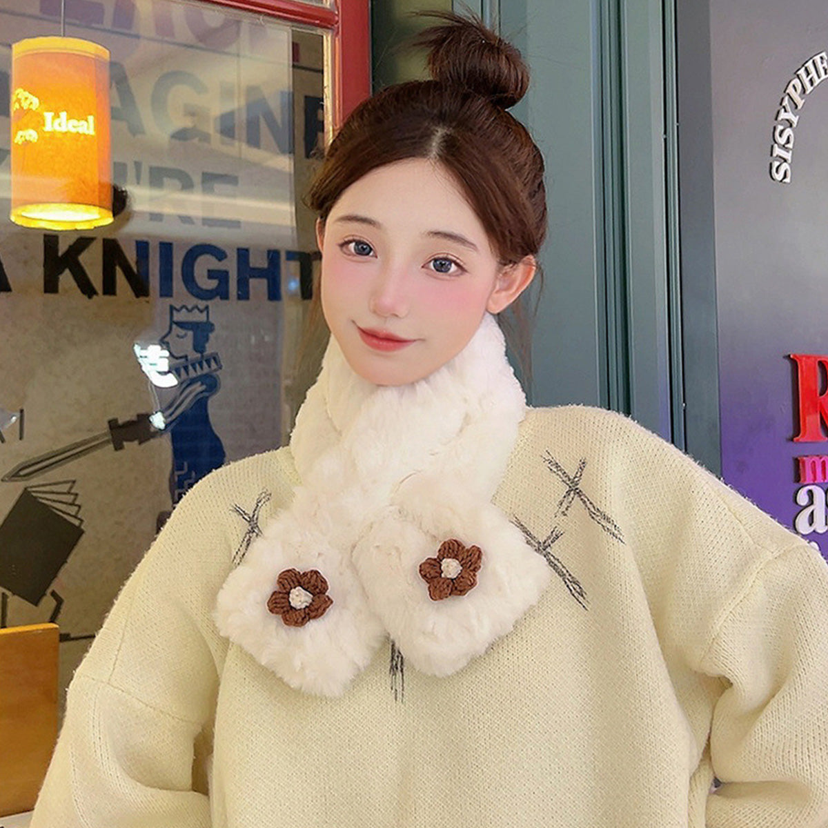 Autumn Winter Small Flower Scarf Casual Fashionable Plush Scarf