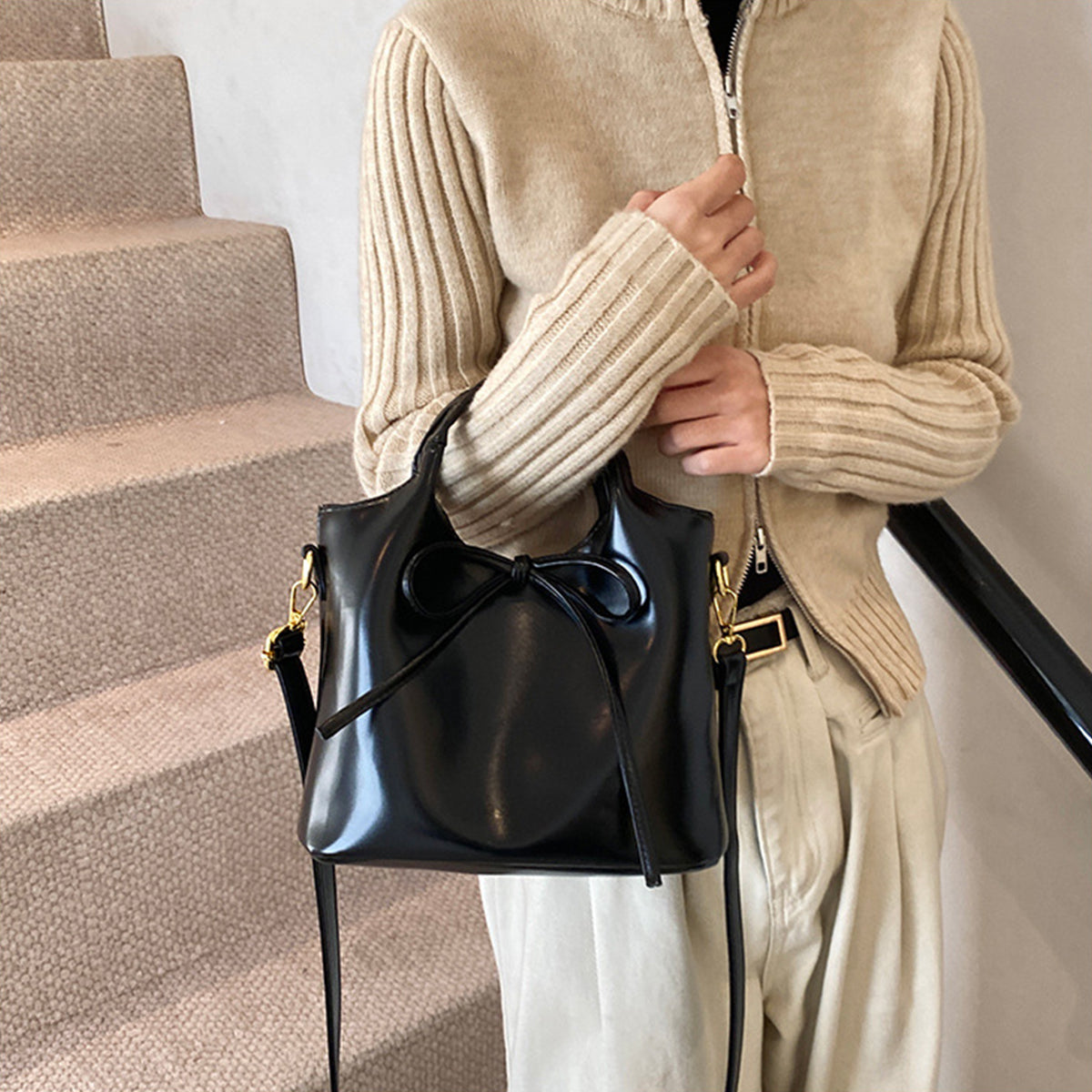 Ballet Style Handbag Bow Bucket Bag
