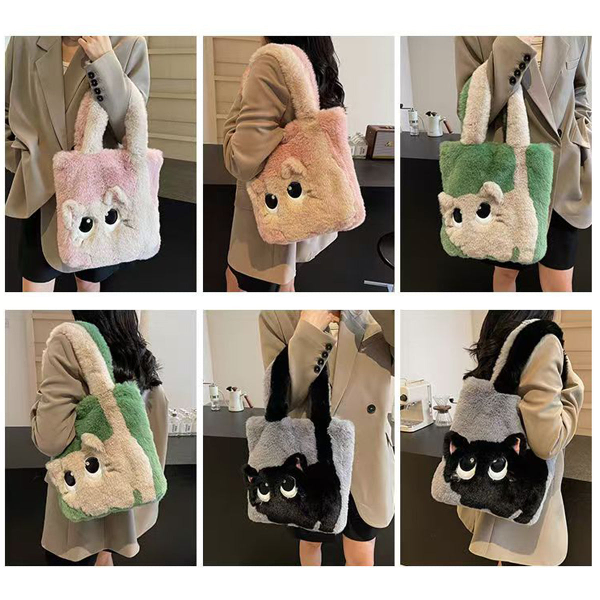Autumn Winter Plush Bag Large Capacity Creative Cat Cartoon Bag