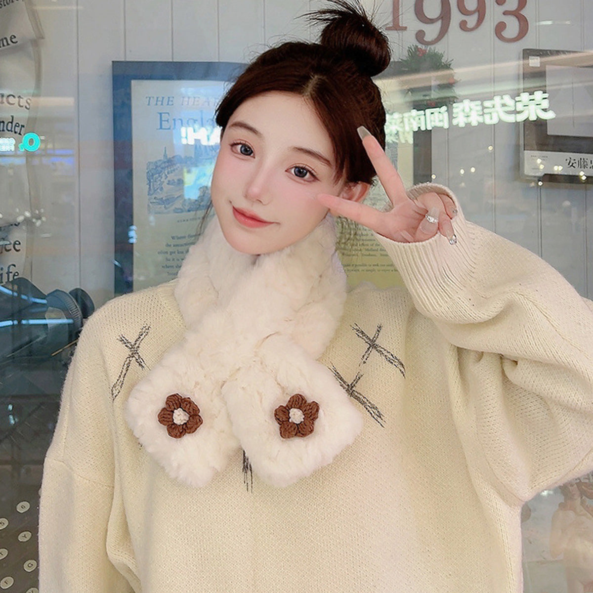 Autumn Winter Small Flower Scarf Casual Fashionable Plush Scarf