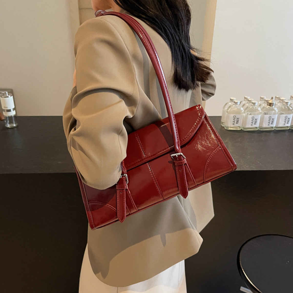 Wax Leather Shoulder  Underarm Bag Hand Baguette Bag
