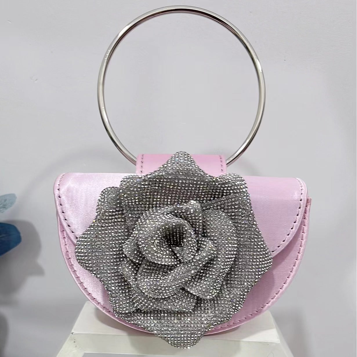 Mini Silk French Banquet Bag Water Diamond Rose Hand Carrying Crossbody Bag