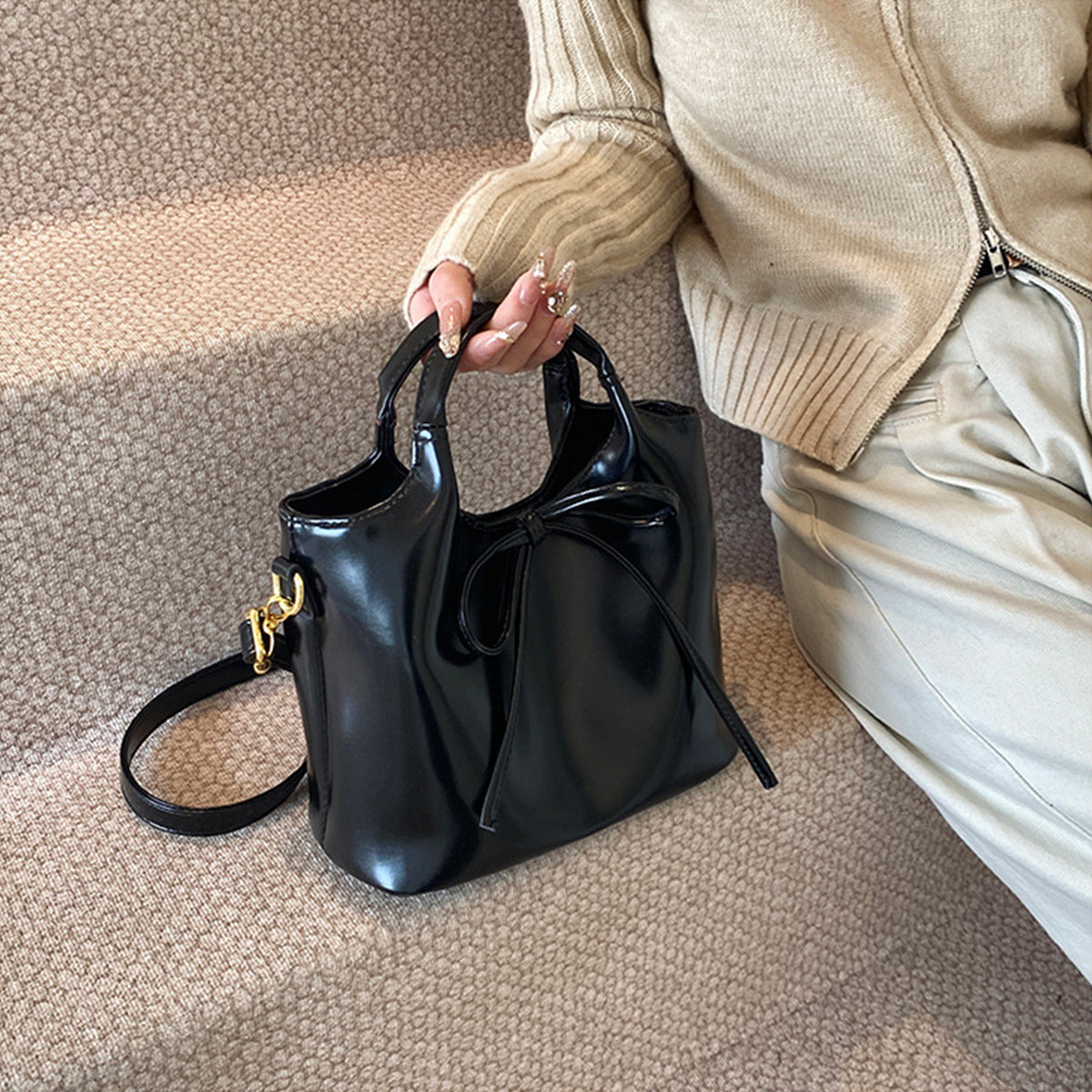 Ballet Style Handbag Bow Bucket Bag