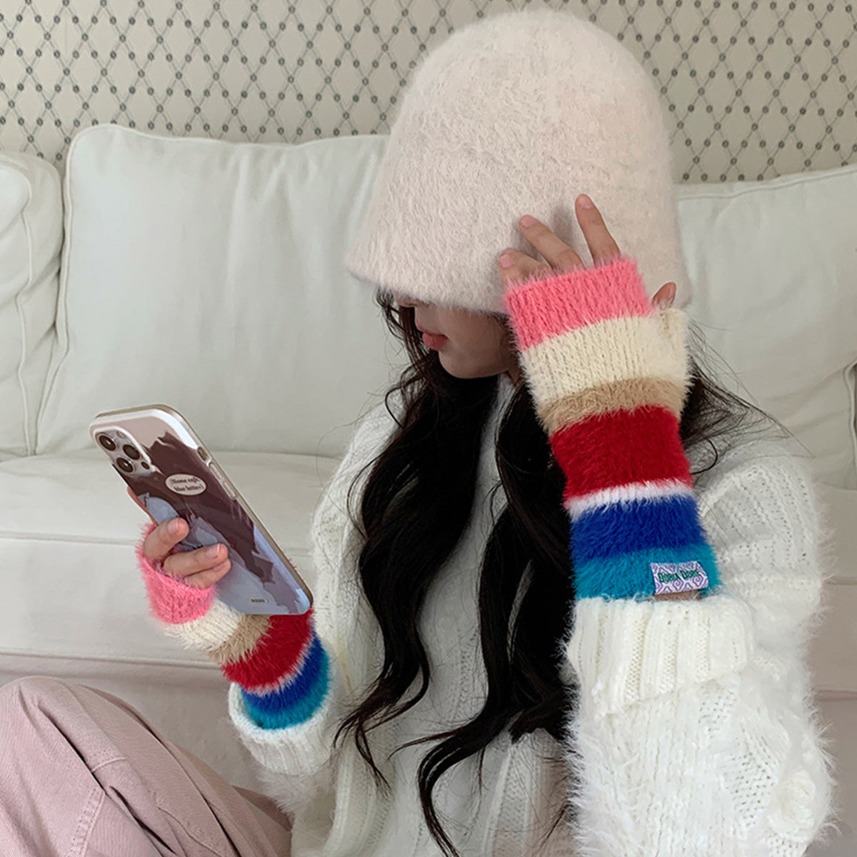 Casual Rainbow Striped Warm Gloves