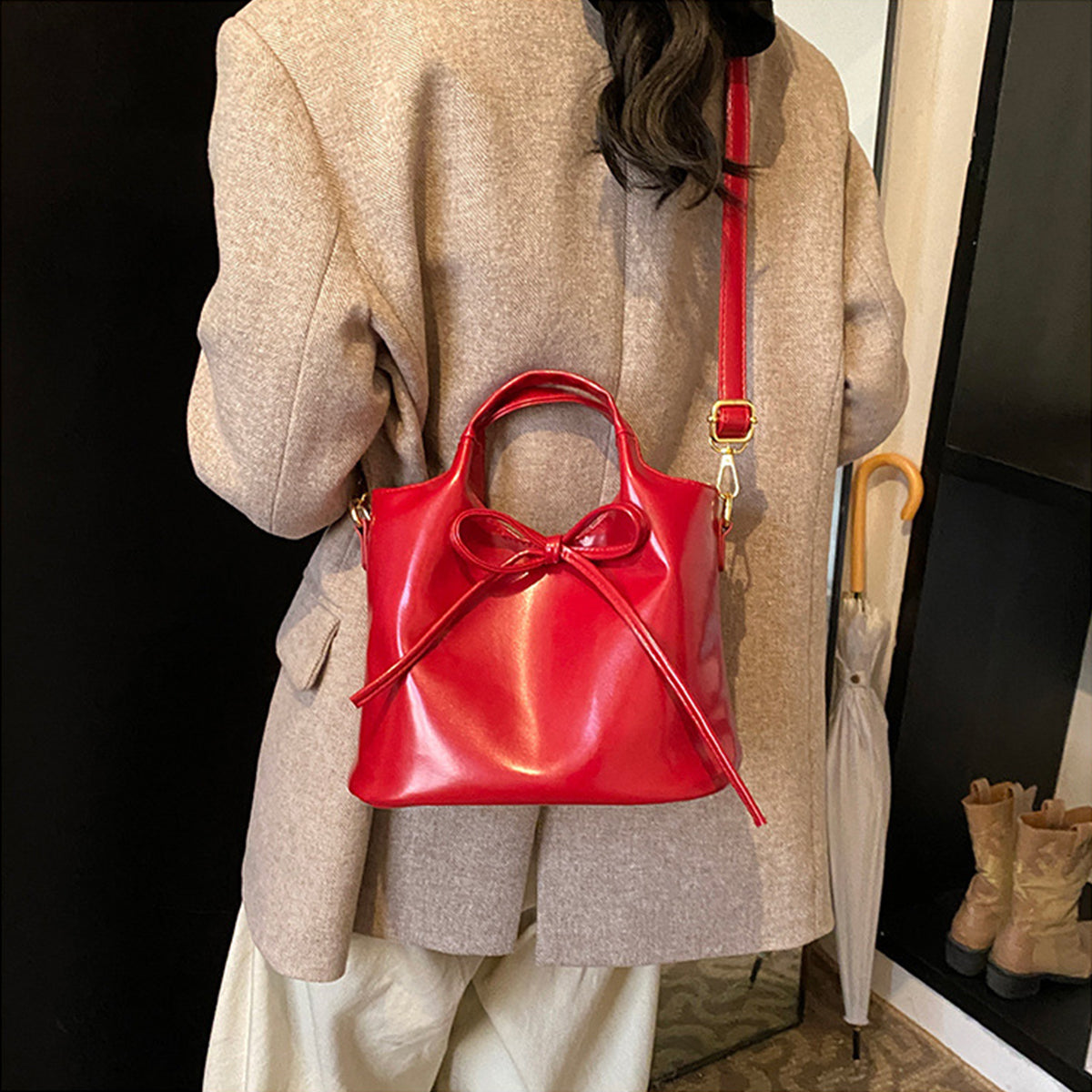 Ballet Style Handbag Bow Bucket Bag