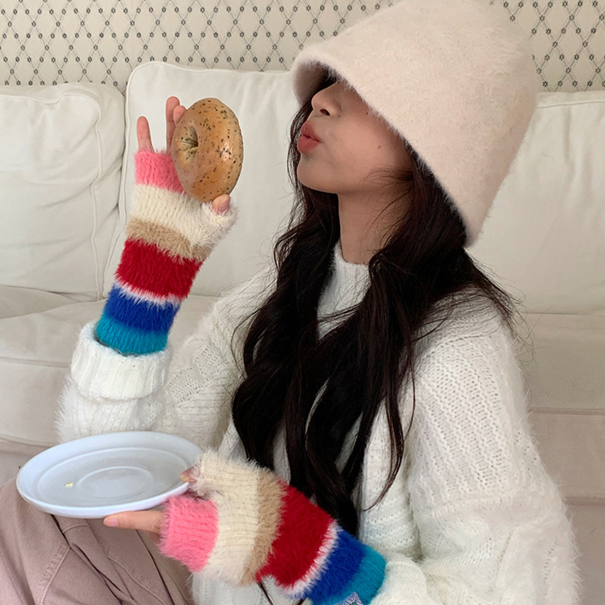 Casual Rainbow Striped Warm Gloves