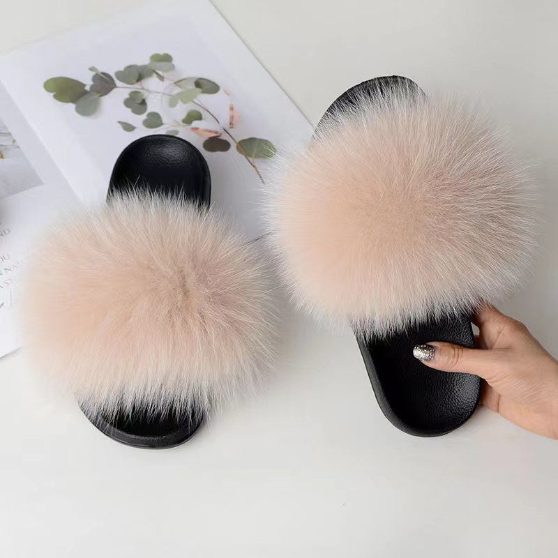 Women Real Fox Fur Slippers Women Flat Non-slip Fashion Fur Slides