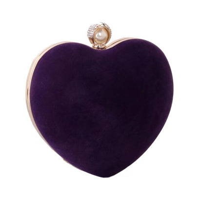 Velvet Heart-Shaped Pearl Inlaid Ladies Flannelette Hard Box Chain Dinner Bag